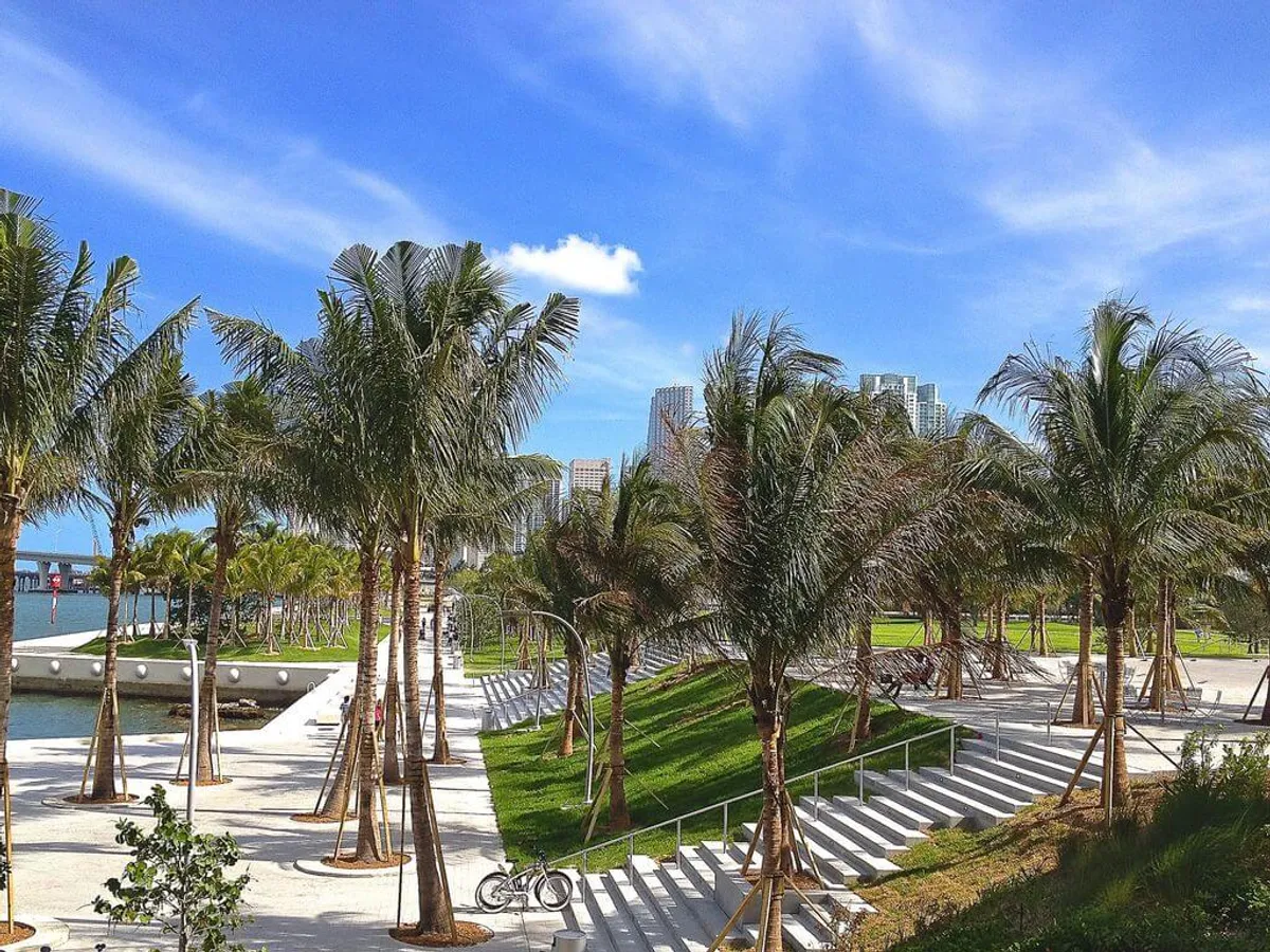 This exterior scene features tall palm trees lining wide walkways, with people walking, jogging, or cycling through a lush, tropical park setting. Bicycles are parked nearby, and in the distance, the city skyline rises above the greenery. The mood is refreshing and lively, blending urban energy with tropical tranquility.